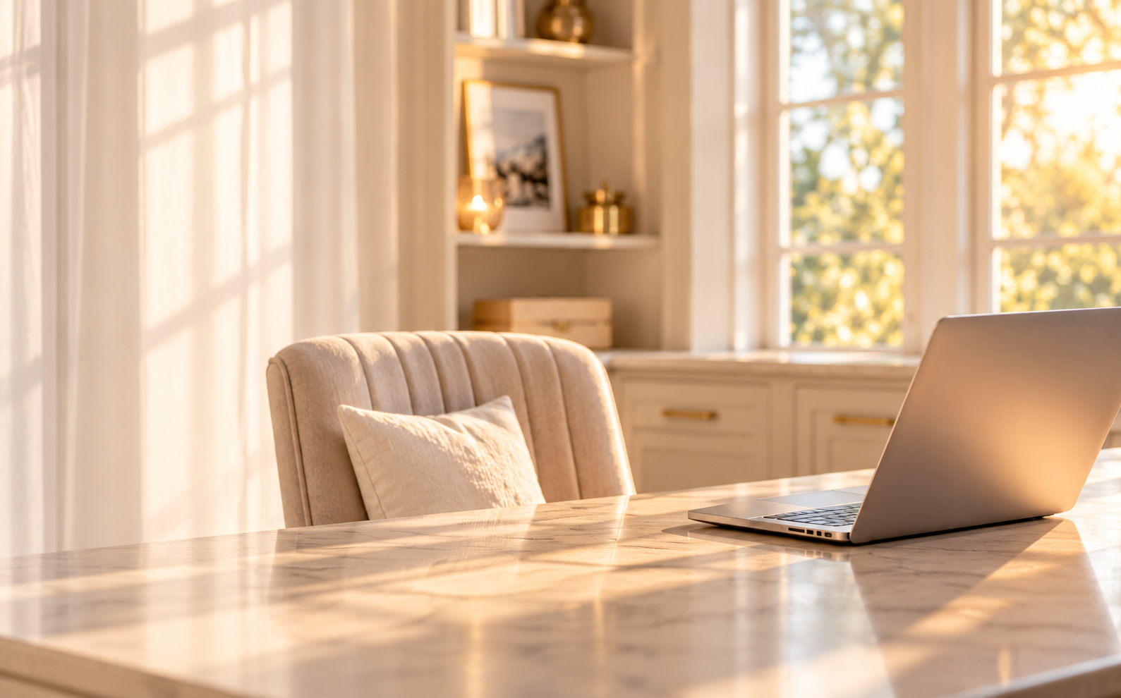 A sunlit marble desk with gold accents, laptop, and notebook
