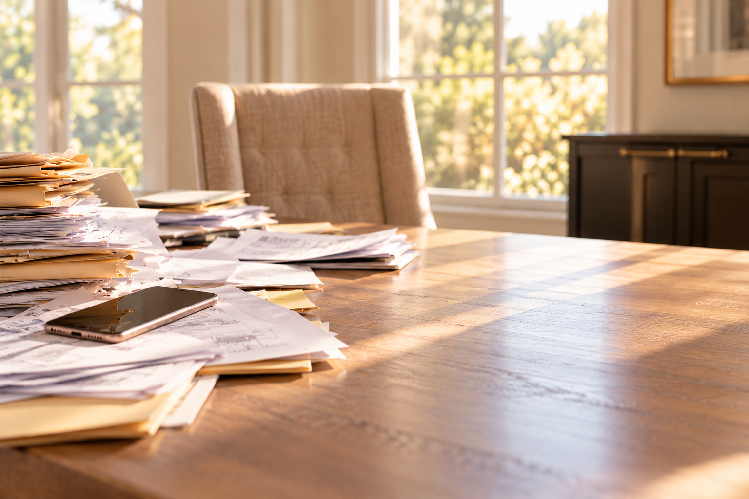 Scattered paperwork, folders, and a phone on a sunlit wooden office desk