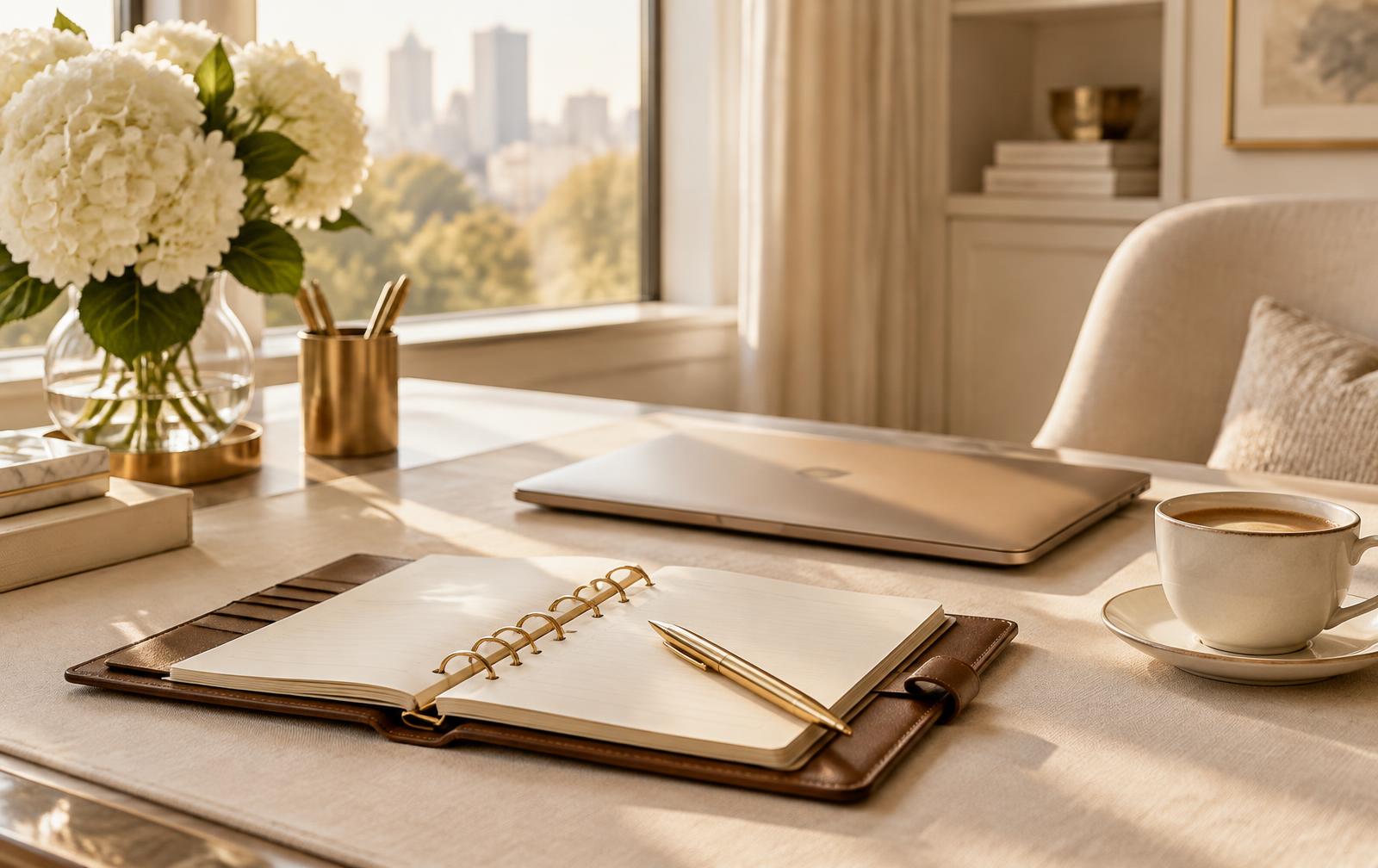 An open leather planner with a gold pen beside a laptop and coffee on a sunlit desk