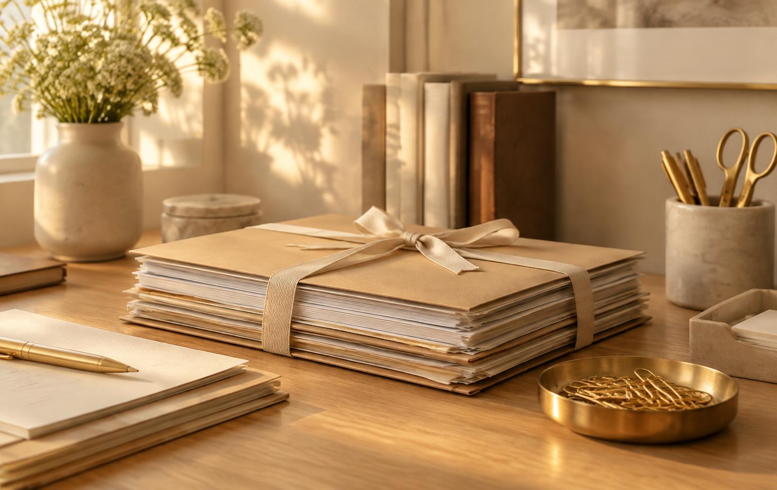 Neatly stacked paperwork tied with ribbon beside a brass tray of paper clips on an oak desk