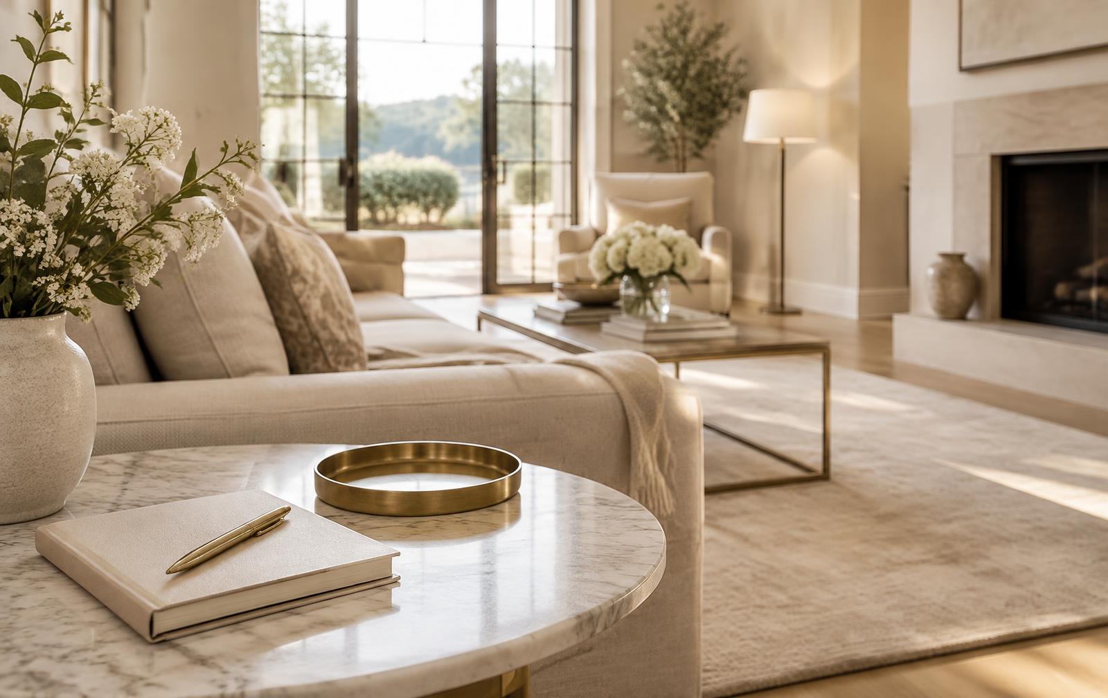 A notebook and gold pen on a marble side table in a softly lit, neutral living room