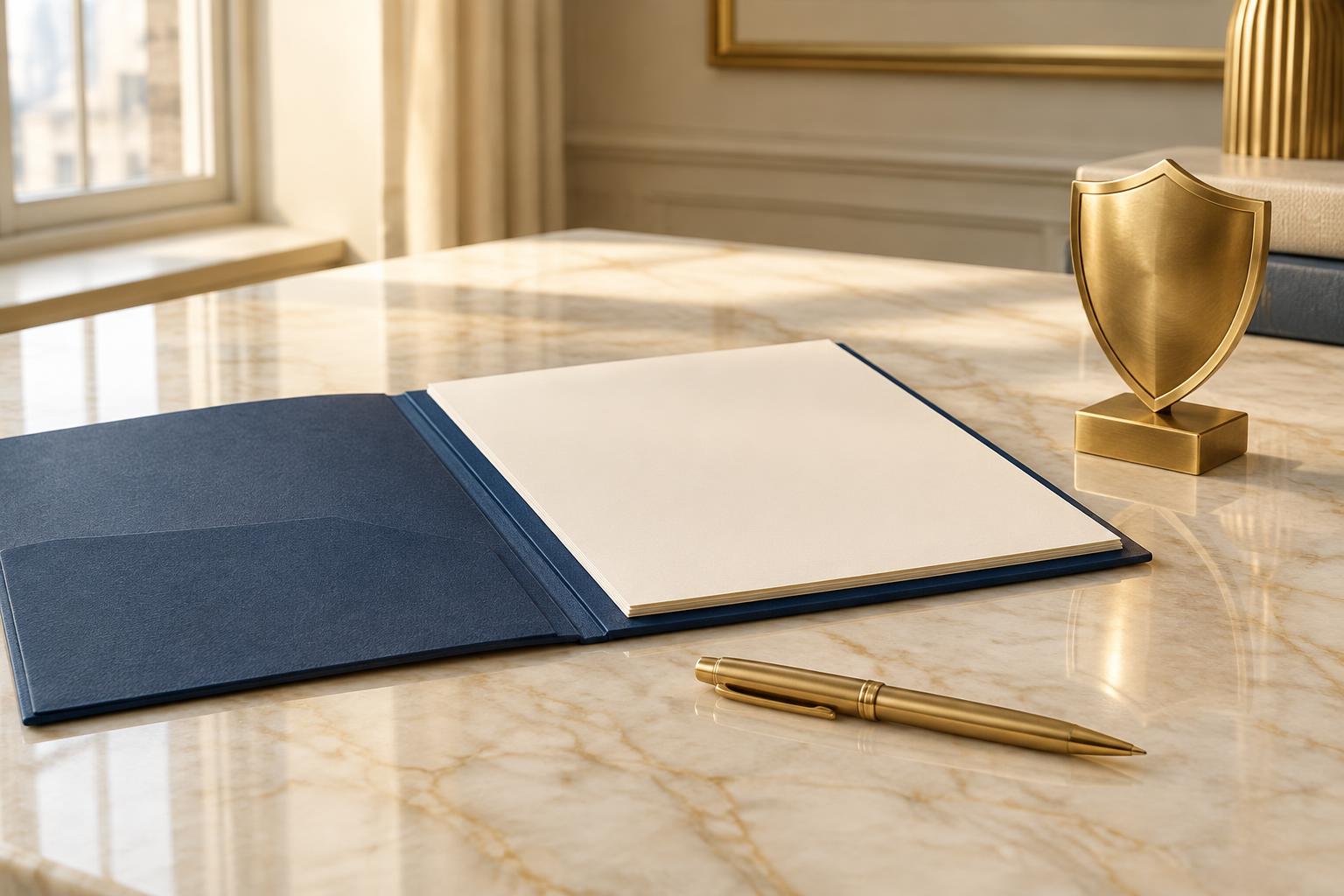 A blue document folder, brass pen and gold shield on an ivory desk